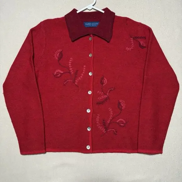 KAREN SCOTT Holiday Cardigan 100% Pure Wool Red Embroidered Sweater Jacket Sz M - Picture 1 of 11
